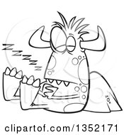 Outline Clipart Of A Cartoon Black And White Horned Monster Sleeping Against A Boulder Royalty Free Lineart Vector Illustration