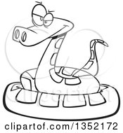 Outline Clipart Of A Cartoon Black And White Annoyed Coiled Snake Royalty Free Lineart Vector Illustration
