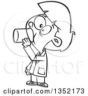 Outline Clipart Of A Cartoon Black And White Girl Drinking A Liquid In Science Class Royalty Free Lineart Vector Illustration by toonaday