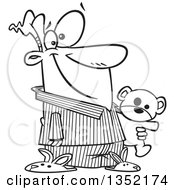 Cartoon Black And White Happy Man In His Pajamas And Bunny Slippers Holding A Teddy Bear