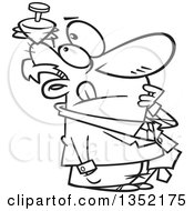 Outline Clipart Of A Cartoon Black And White Thinking Businessman With A Top Spinning On His Head Royalty Free Lineart Vector Illustration by toonaday