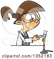 Clipart Of A Cartoon Brunette White Girl Heating A Test Tube Over A Flame In Science Class Royalty Free Vector Illustration