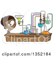 Cartoon Black School Boy Looking At His Lab Setup In Science Class