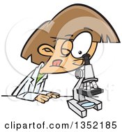 Cartoon Brunette White Girl Looking Through A Microscope In Science Class