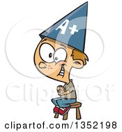 Cartoon Happy Smart Dirty Blond White School Boy Sitting On A Stool And Wearing An A Plus Hat