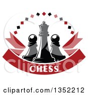 Poster, Art Print Of Black Chess Queen Piece With Pawns With A Diamond Arch Over A Red Text Ribbon Banner