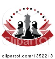Black Chess Queen Piece With Pawns With A Diamond Arch Over A Blank Red Ribbon Banner
