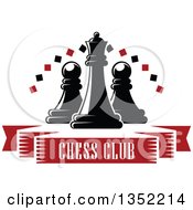 Clipart Of A Black Chess Queen Piece With Pawns With A Diamond Arch Over A Red Text Ribbon Banner Royalty Free Vector Illustration