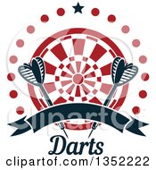 Poster, Art Print Of Navy Blue Throwing Darts Over A Target In A Circle Of Dots With A Star And Blank Ribbon Banner Over Text