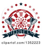 Clipart Of Navy Blue Throwing Darts Over A Target In A Circle Of Dots With A Star And Blank Ribbon Banner Royalty Free Vector Illustration