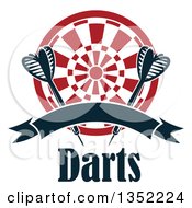 Poster, Art Print Of Navy Blue Throwing Darts Over A Target With A Blank Ribbon Banner Over Text