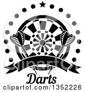 Poster, Art Print Of Black And White Throwing Darts Over A Target A Star Circle Of Dots And Blank Ribbon Banner Above Text