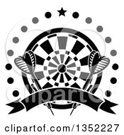 Poster, Art Print Of Black And White Throwing Darts Over A Target A Star Circle Of Dots And Blank Ribbon Banner