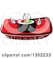 Cartoon Smoked Salmon And Rice Sushi Roll Character On A Red Plate