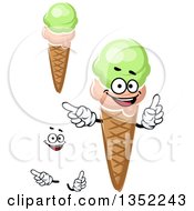 Poster, Art Print Of Cartoon Face Hands And Strawberry And Pistachio Ice Cream Waffle Cones