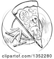 Clipart Of A Black And White Sketched Slice Of Pizza And French Fries Royalty Free Vector Illustration