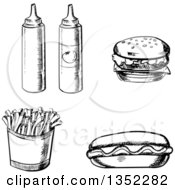 Black And White Sketched Ketchup And Mustard Bottles Cheeseburger Hot Dog And French Fries