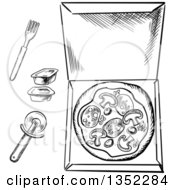 Black And White Sketched Pizza In A Box Cutter Dipping Sauce And Fork
