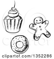 Poster, Art Print Of Black And White Sketched Cupcake Gingerbread Man Cookie And Donut
