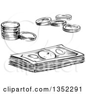 Poster, Art Print Of Black And White Sketched Coins And Cash Money