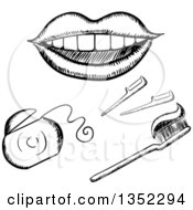 Poster, Art Print Of Black And White Sketched Mouth Floss And Toothbrush