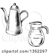 Black And White Sketched Porcelain And Glass Coffee Pots