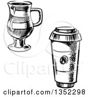 Poster, Art Print Of Black And White Sketched Glass And Take Out Coffee Cups