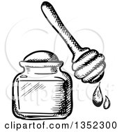 Clipart Of A Black And White Sketched Honey Jar And Dipper Royalty Free Vector Illustration