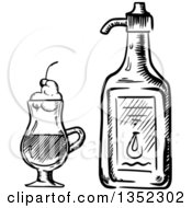 Poster, Art Print Of Black And White Sketched Irish Coffee Drink And Bottle Liqueur