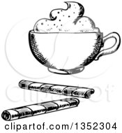 Poster, Art Print Of Black And White Sketched Coffee With Cream And Wafer Rolls