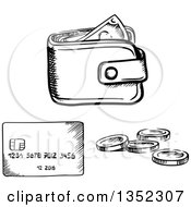 Clipart Of A Black And White Sketched Wallet With Cash Money Coins And A Credit Card Royalty Free Vector Illustration