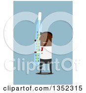 Clipart Of A Flat Design Black Businessman Carrying A Giant Thermometer Over Blue Royalty Free Vector Illustration