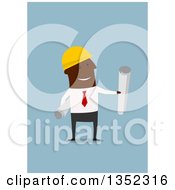 Poster, Art Print Of Flat Design Black Male Contractor Worker Holding Plans On Blue