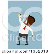 Poster, Art Print Of Flat Design Black Businessman Taking Vitamins Or Drugs Over Blue