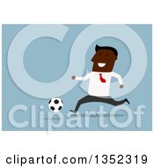 Poster, Art Print Of Flat Design Black Businessman Playing Soccer Over Blue