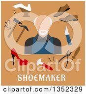 Flat Design Senior White Male Shoe Maker With Tools Over Text On Brown