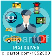 Flat Design White Male Cab Driver With Items Over Text On Blue