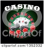 Casino Roulette Wheel With Poker Chips Playing Cards And Text On Dark Green And Black