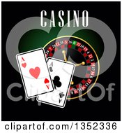 Poster, Art Print Of Casino Roulette Wheel With Playing Cards And Text On Dark Green And Black