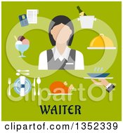Flat Design Caucasian Female Waiter Avatar With Items Over Text On Green