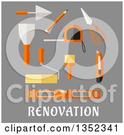 Poster, Art Print Of Flat Design Pencil Roulette And Trowel Spatula Paint Roller And Brush Scissors Utility Knife And Spirit Level Over Text On Gray