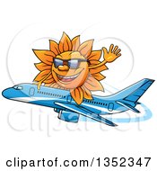 Poster, Art Print Of Cartoon Sun Character Wearing Shades Waving And Riding A Commercial Airliner Plane