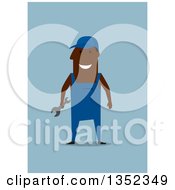 Poster, Art Print Of Flat Design Happy Black Mechanic Holding A Wrench On Blue