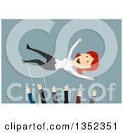 Clipart Of Flat Design Colleagues Throwing Up Their White Female Boss In Success On Blue Royalty Free Vector Illustration