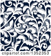 Poster, Art Print Of Seamless Background Pattern Of White Vintage Floral Scrolls On Dark Blue