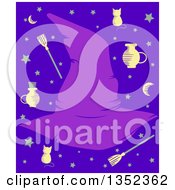 Poster, Art Print Of Purple Witch Hat Fame With Items And Stars On Blue