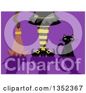 Black Cat Witch Legs And Broomstick With Shadows On Purple