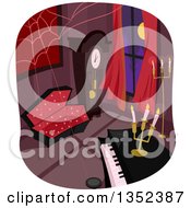 Clipart Of A Vampire Home Interior With A Coffin Piano Webs And Grandfather Clock Royalty Free Vector Illustration by BNP Design Studio