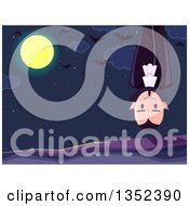 Poster, Art Print Of Vampire Hanging Upside Down Against A Night Sky Full Moon And Bats