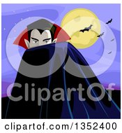Clipart Of A Male Vampire Looking Over A Cloak Against A Full Moon And Bats Royalty Free Vector Illustration by BNP Design Studio